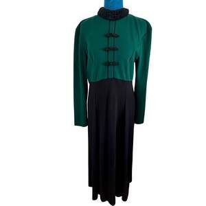Vintage 80's Expo Stretch Knit Maxi Dress Faux Fur Collar Military Retro Braided